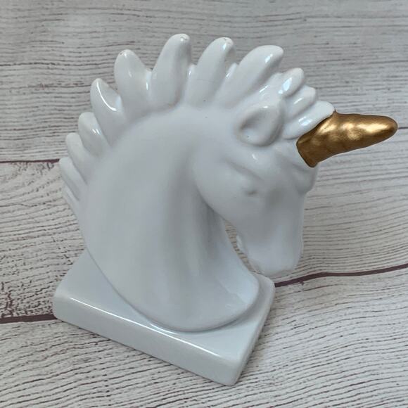 White Ceramic Unicorn Statue Figurine Bust with Gold Horn Glazed Finish 6" - Picture 14 of 14